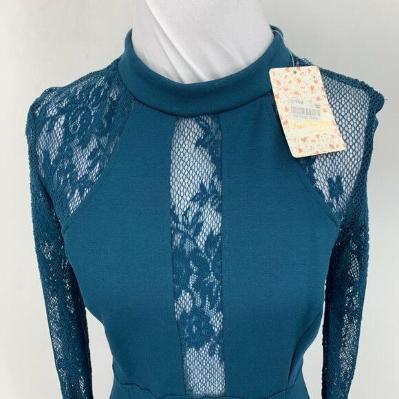 Free People It's Now or Never Mini Dress Women Size S Teal Bell Sleeves Fish Net - Picture 2 of 13